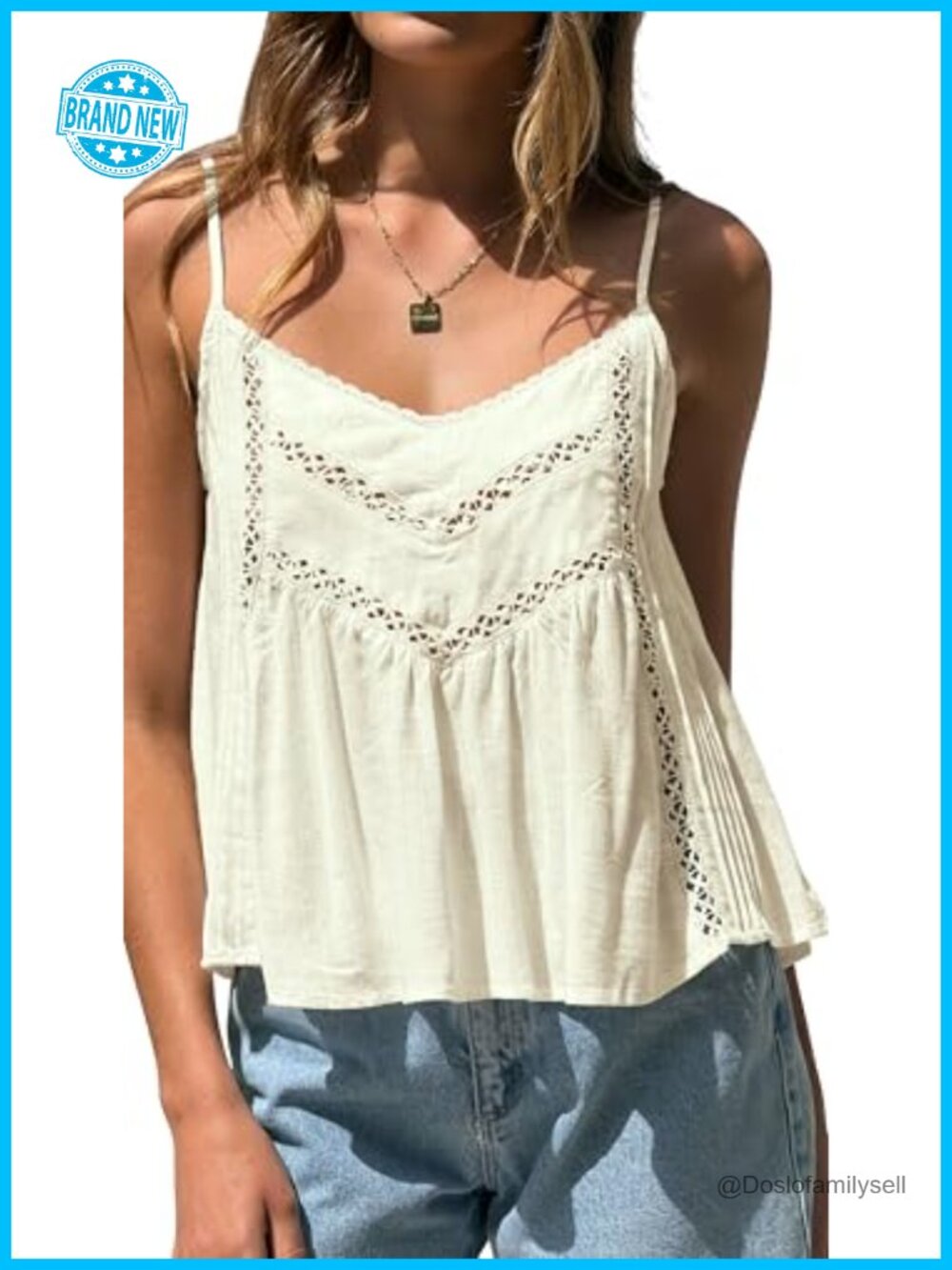 V Neck Linen Pleated Crochet Cami Tank Top